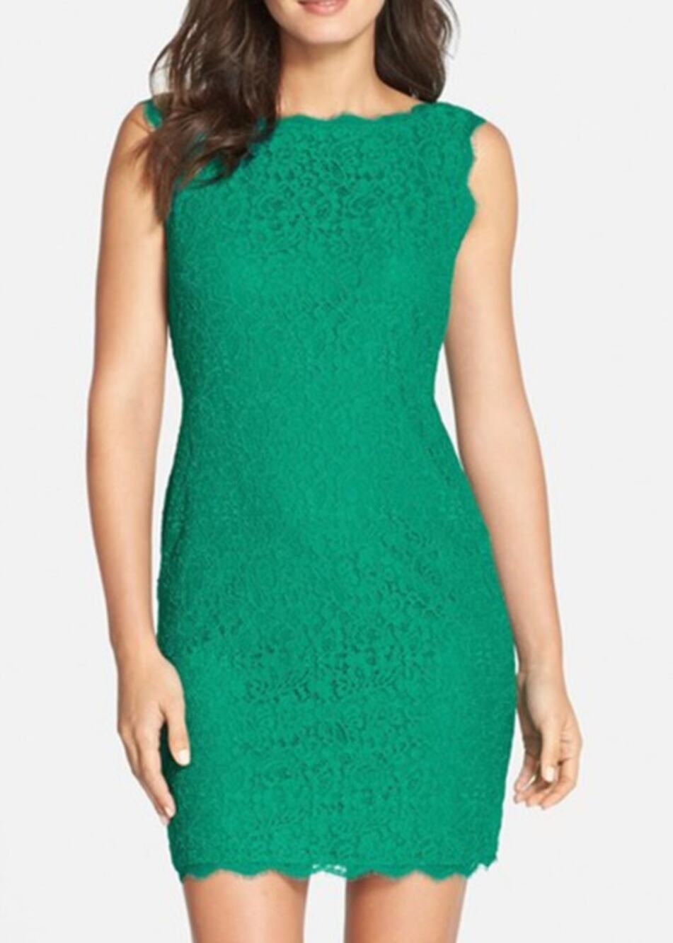Adrianna Papell Sleeveless Lace Mini Dress Scalloped Boat Neck Sheath Green